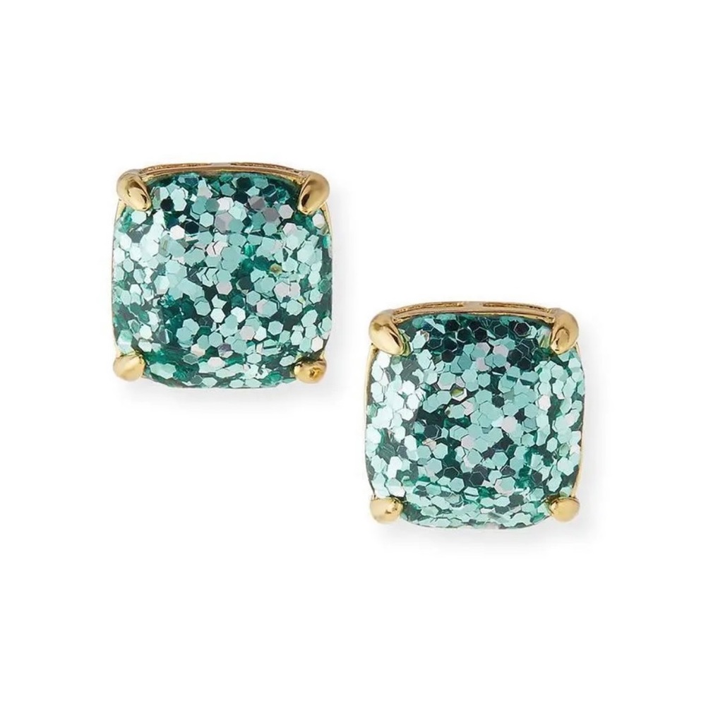 Kate Spade Teal Glitter Small Square Stud Earrings NWOT Dust Bag Included